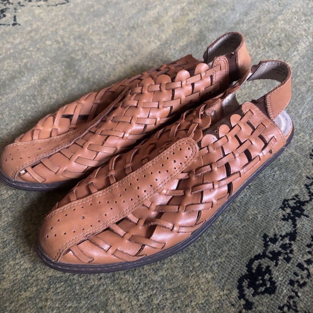 Vtg Cari Tan Soft Leather Woven Slingback Closed Toe Sandal Fisher Man Sz 9.5 M
